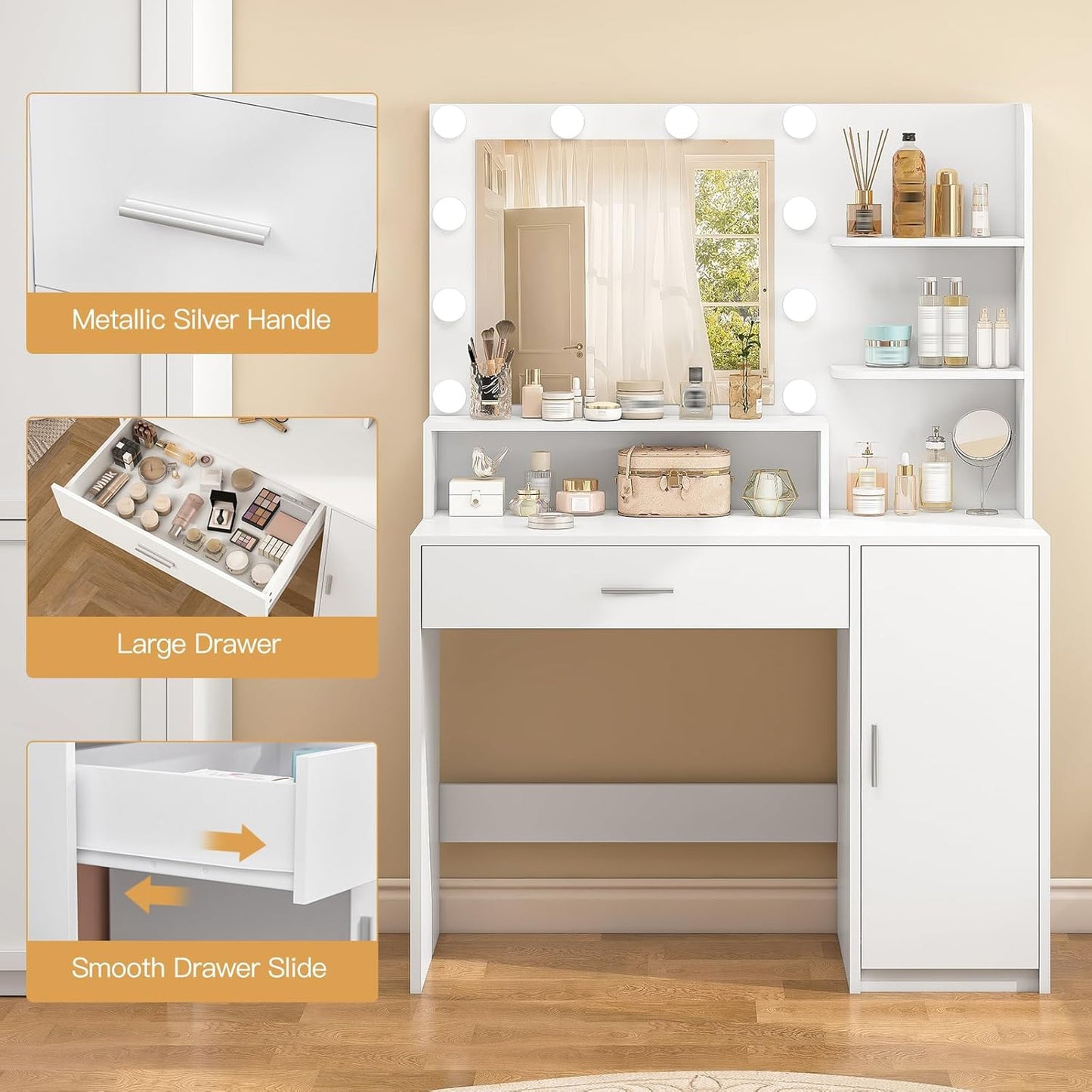 Quimoo Vanity Desk with Mirror & Lights, White