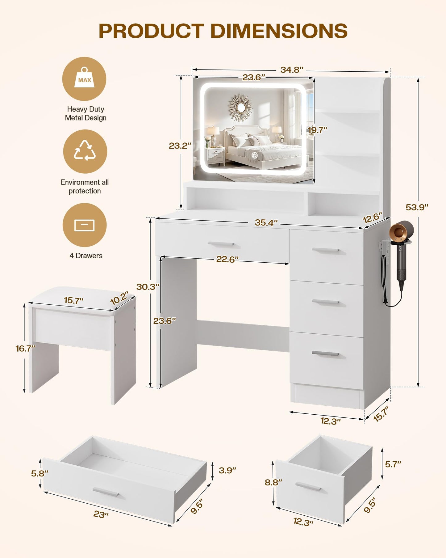 Makeup Vanity Desk Set with LED Mirror, White