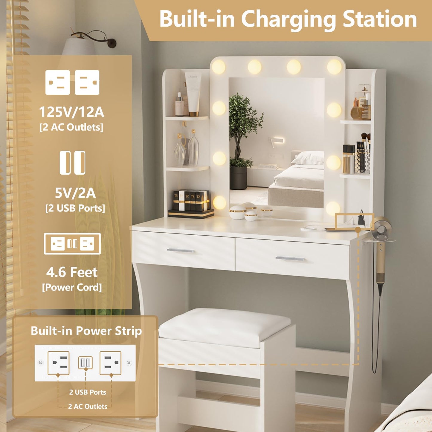 Vabches Vanity Desk with Lights, White