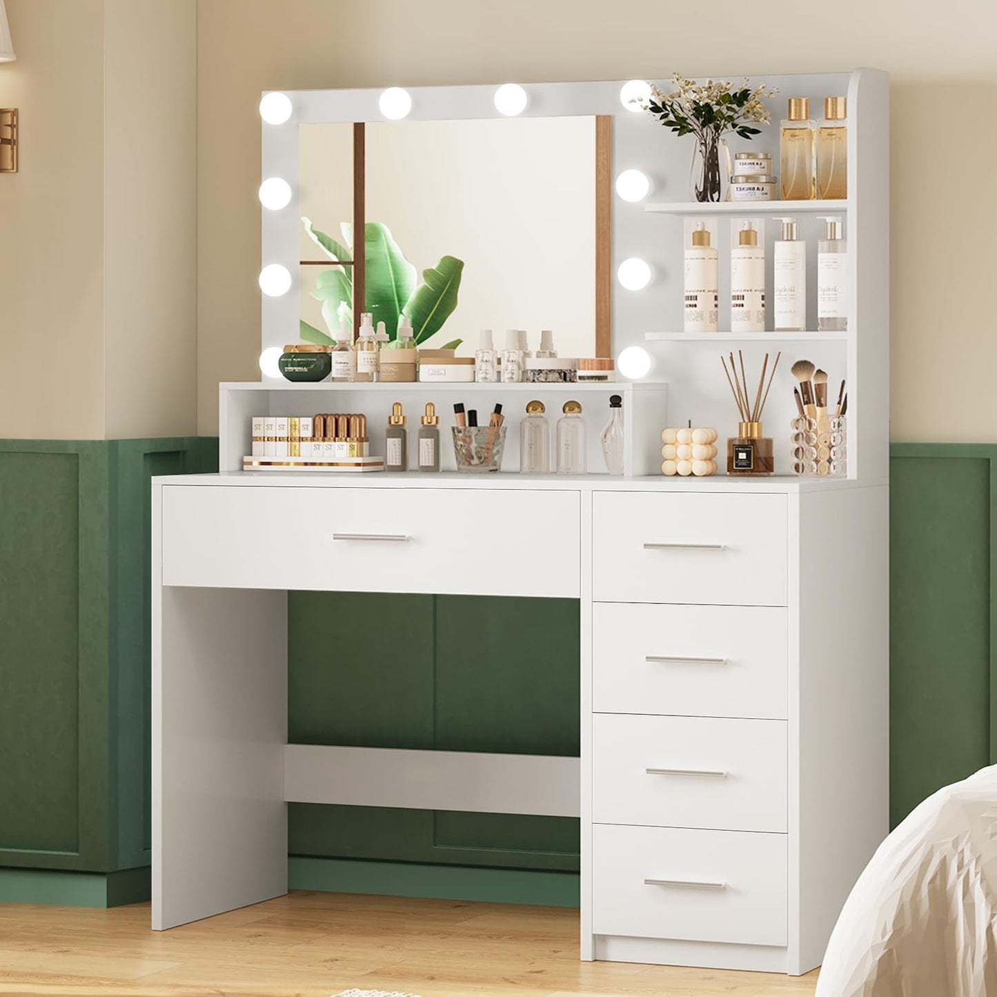 Quimoo Vanity Desk with Mirror & Lights, White