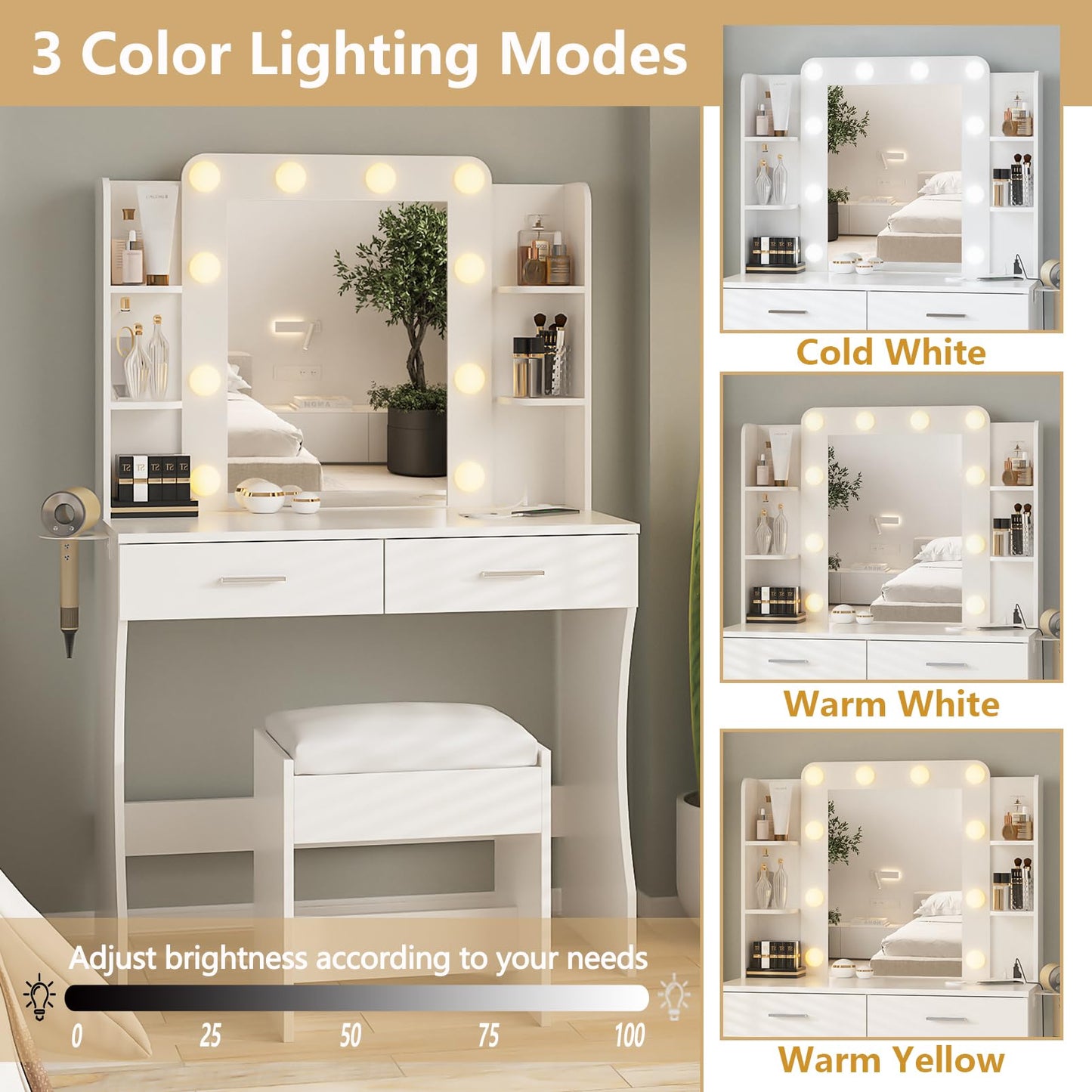 Vabches Vanity Desk with Lights, White