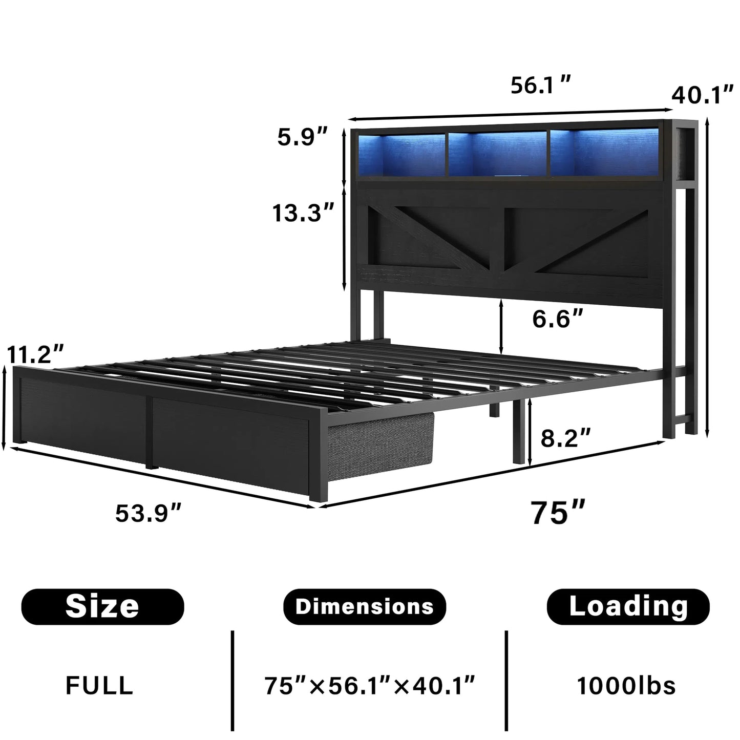 Farmhouse King Bed Frame with Headboard – Black
