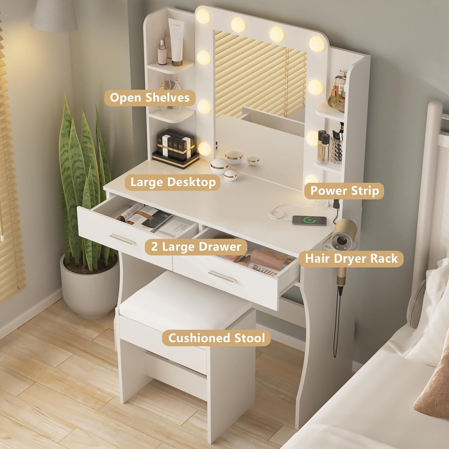 Vabches Vanity Desk with Lights, White