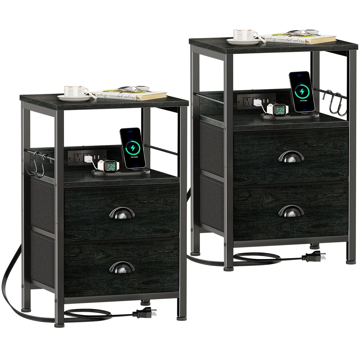 Furologee Nightstand with Charging Station, White