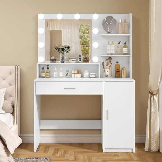 Quimoo Vanity Desk with Mirror & Lights, White