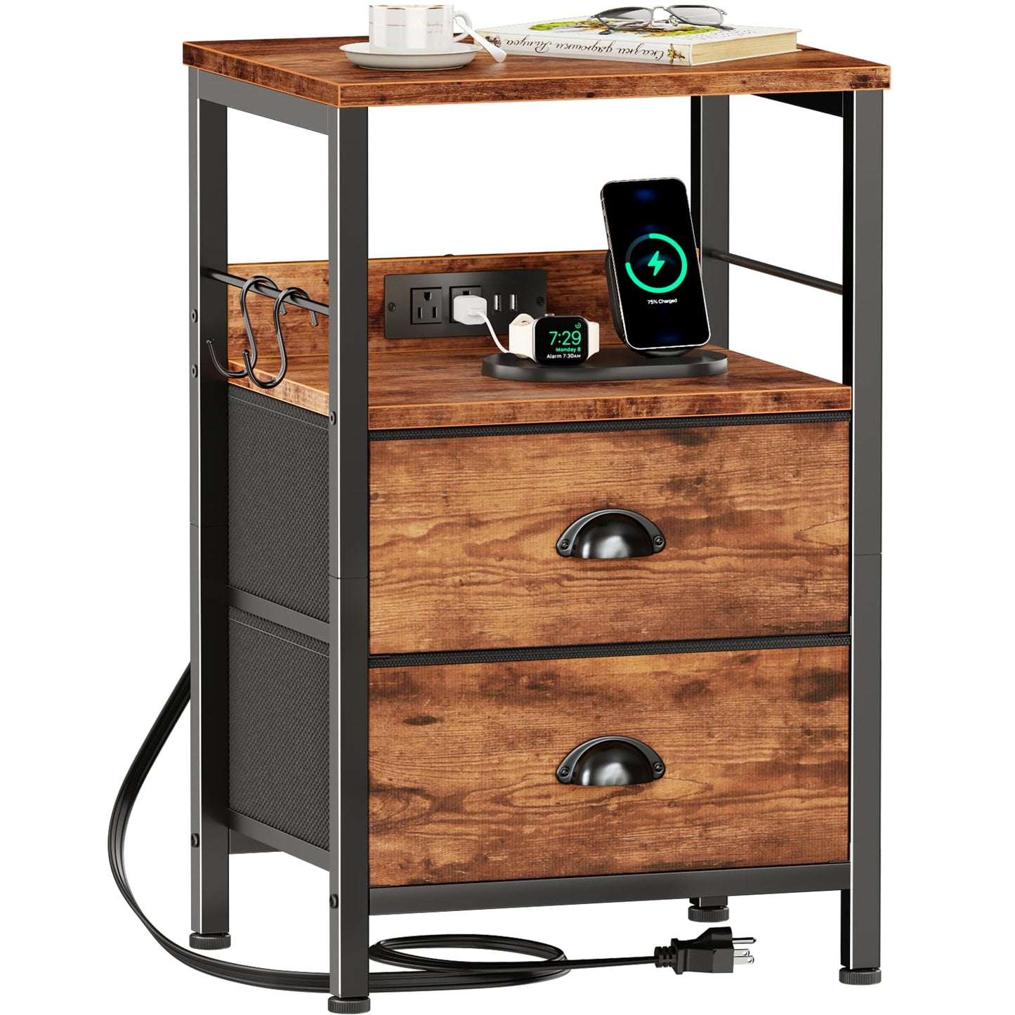 Furologee Nightstand with Charging Station, White