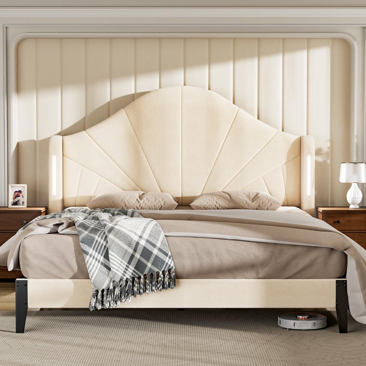 Queen Bed Frame with LED Headboard – Velvet Blue