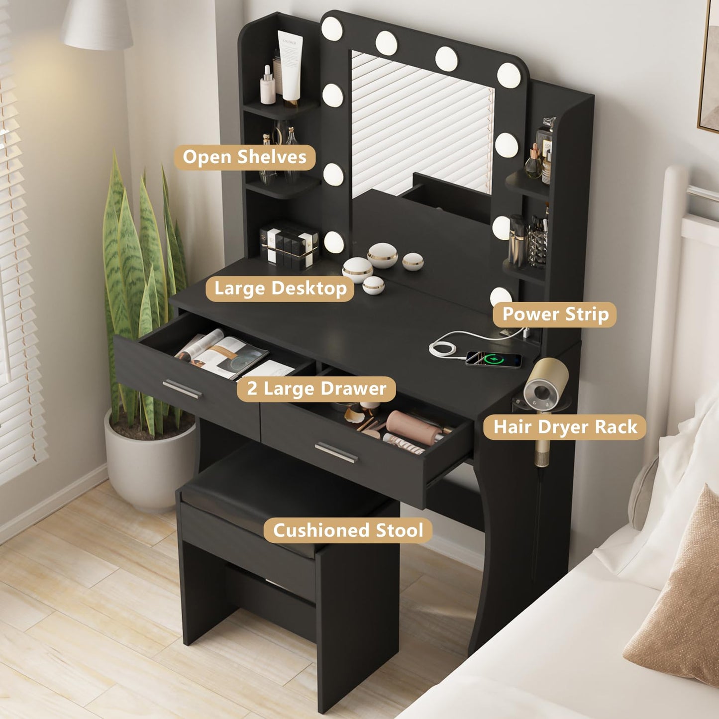 Vabches Vanity Desk with Lights, White