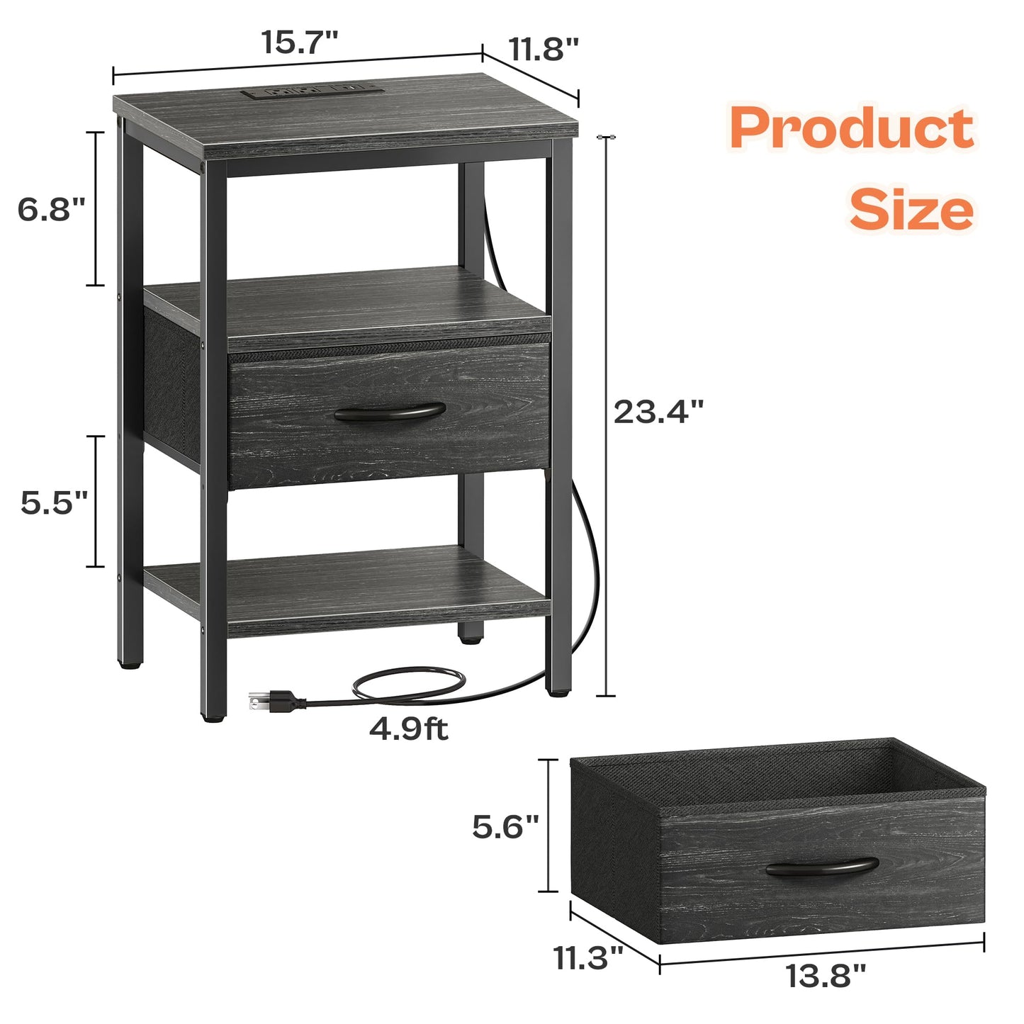 SUPERJARE Nightstand with Charging Station
