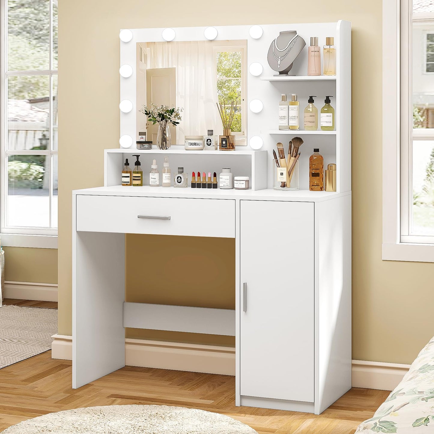 Quimoo Vanity Desk with Mirror & Lights, White