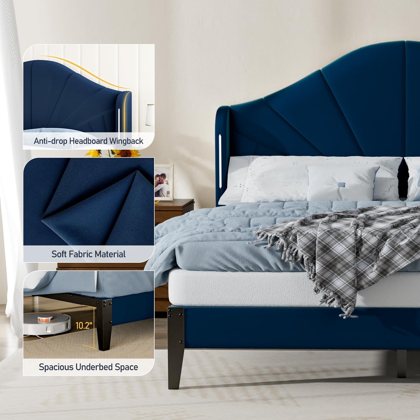 Queen Bed Frame with LED Headboard – Velvet Blue