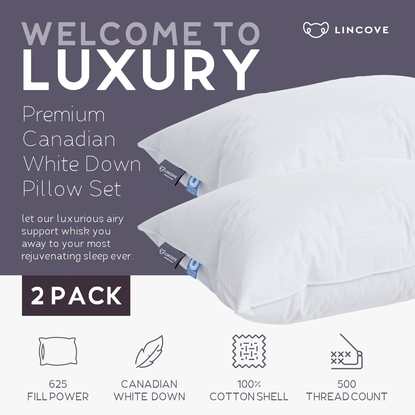 Lincove Cloud Canadian Down Pillows – Queen, 2 Pack
