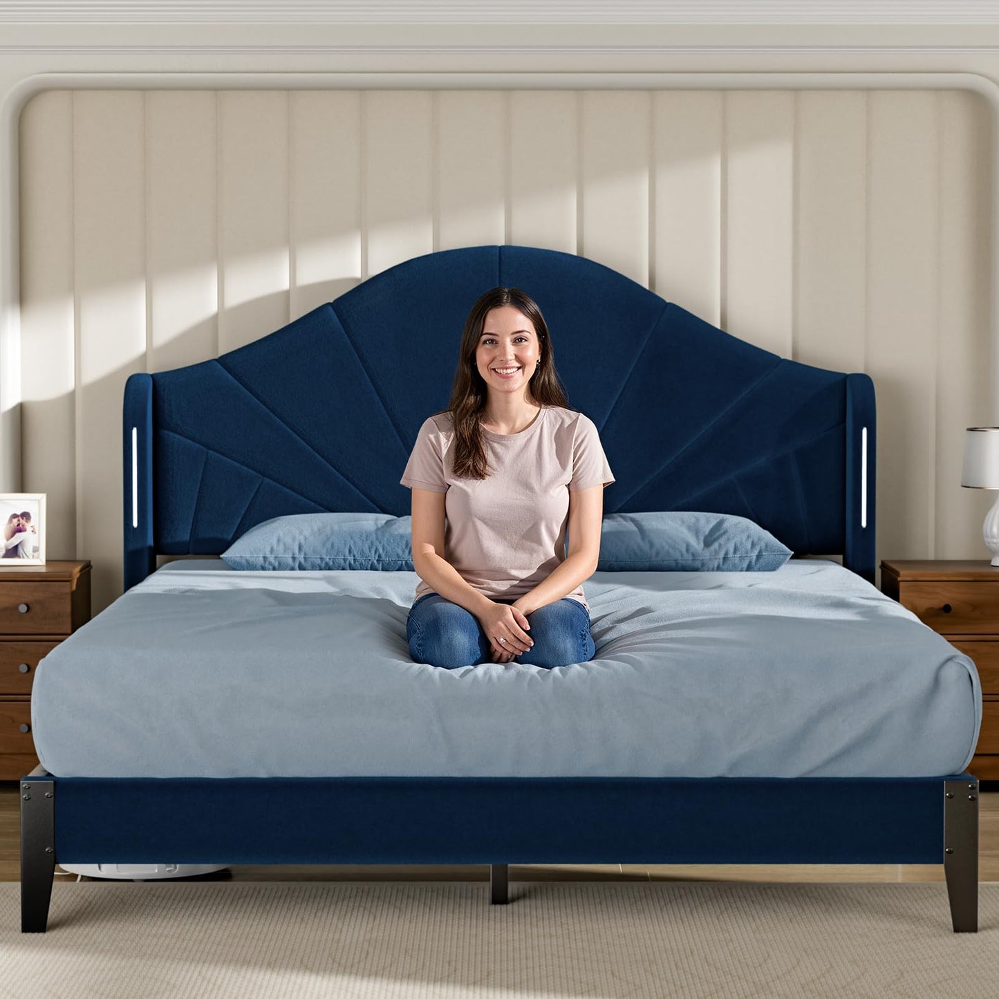 Queen Bed Frame with LED Headboard – Velvet Blue