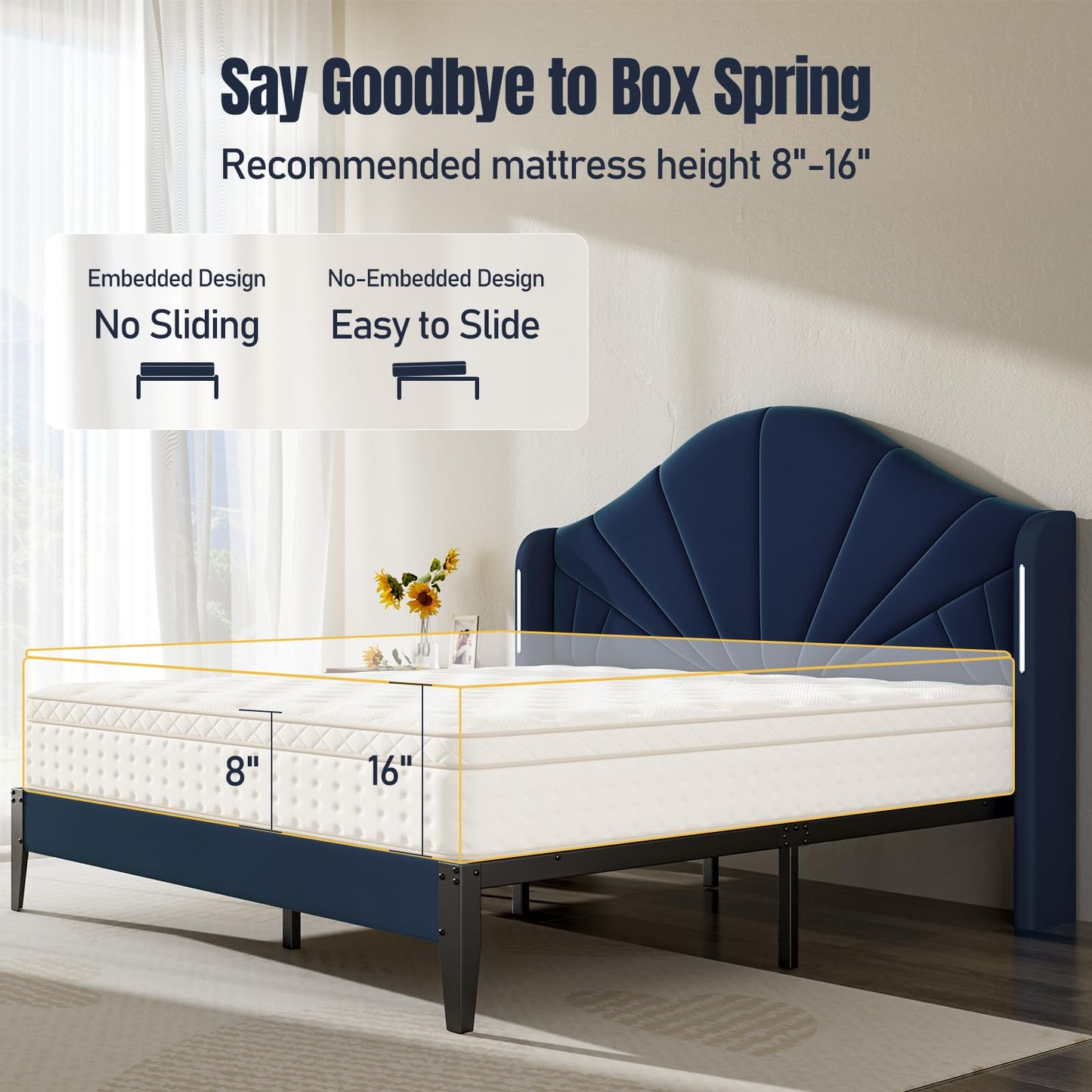 Queen Bed Frame with LED Headboard – Velvet Blue