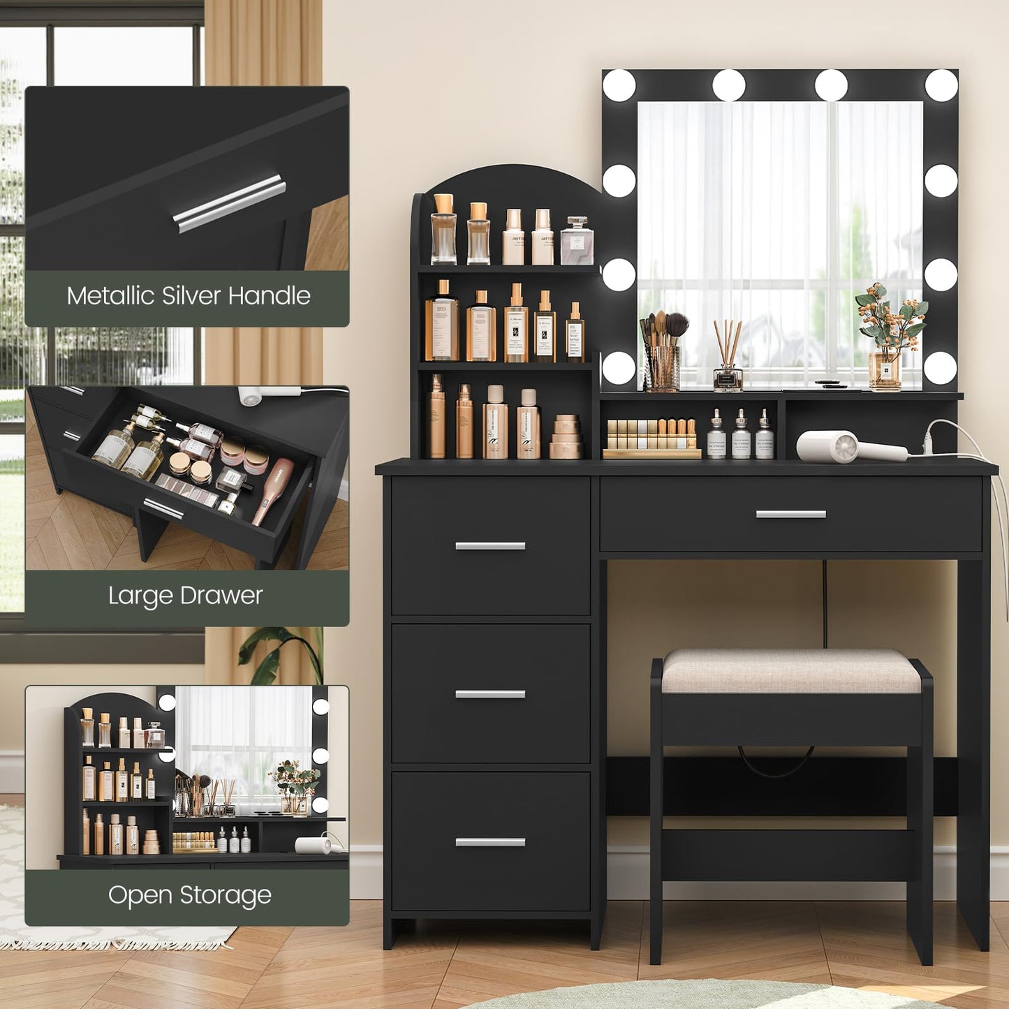 Quimoo Vanity Desk with Mirror & Lights, White