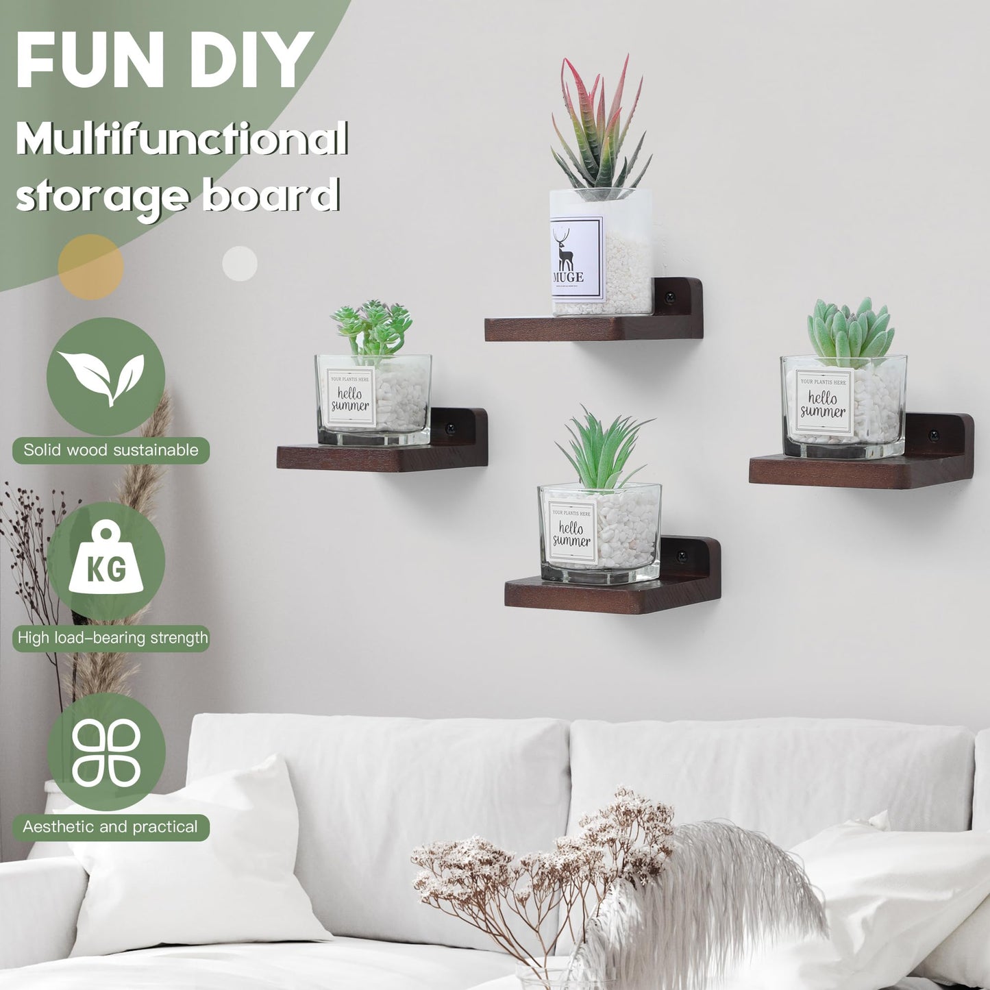 Small Floating Shelves 8-Pack, 4"x4", Rustic White