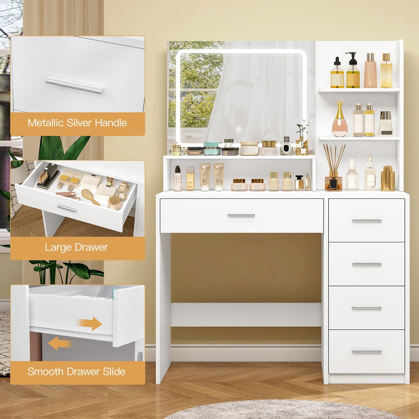 Quimoo Vanity Desk with Mirror & Lights, White