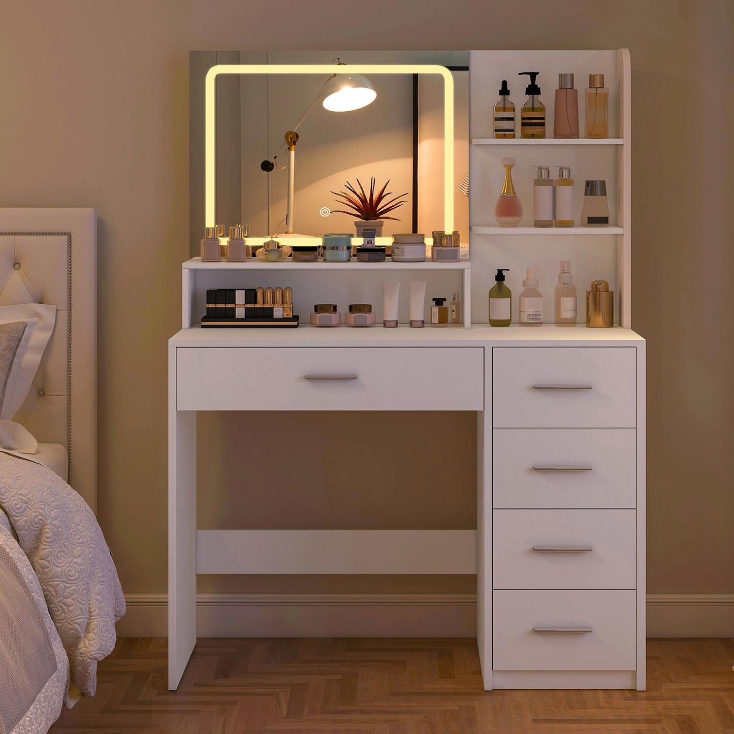 Quimoo Vanity Desk with Mirror & Lights, White