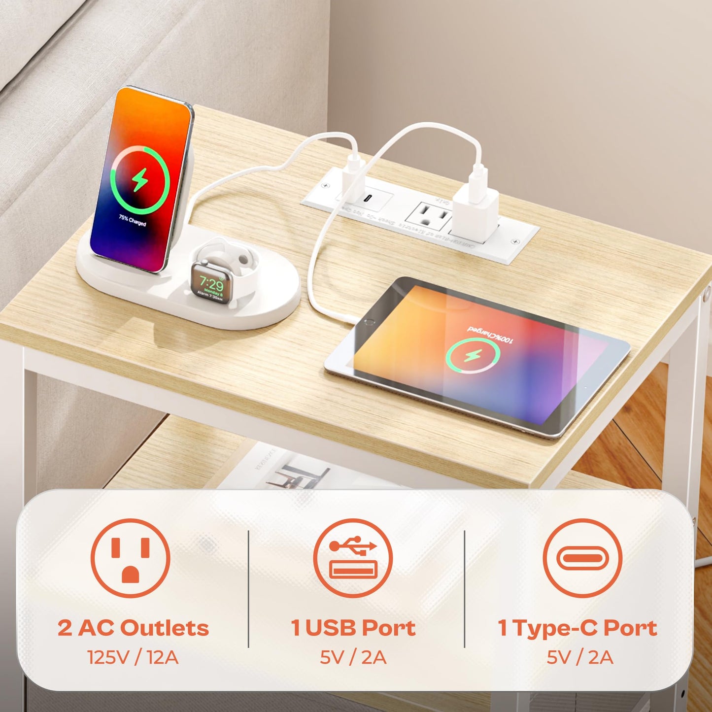SUPERJARE Nightstand with Charging Station