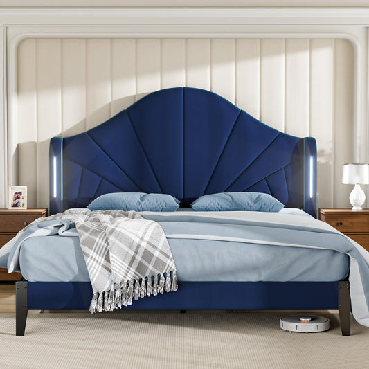 Queen Bed Frame with LED Headboard – Velvet Blue