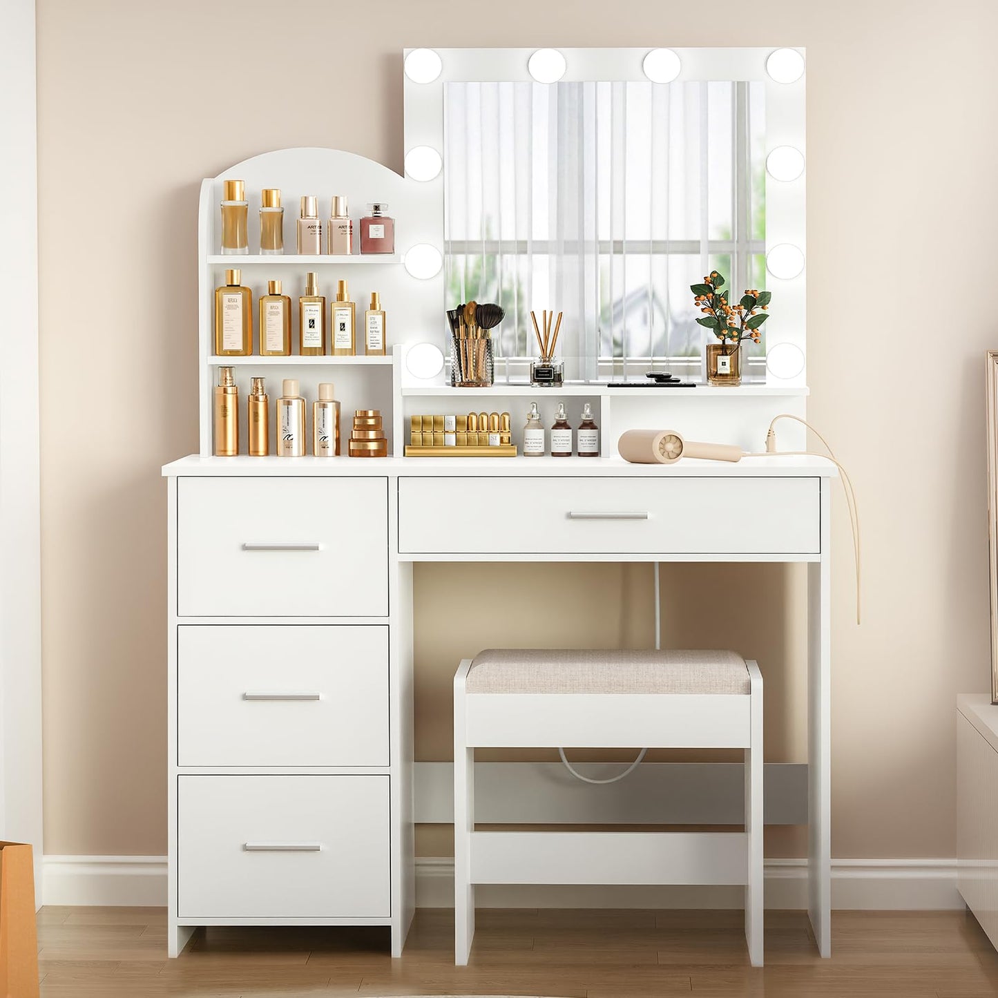 Quimoo Vanity Desk with Mirror & Lights, White