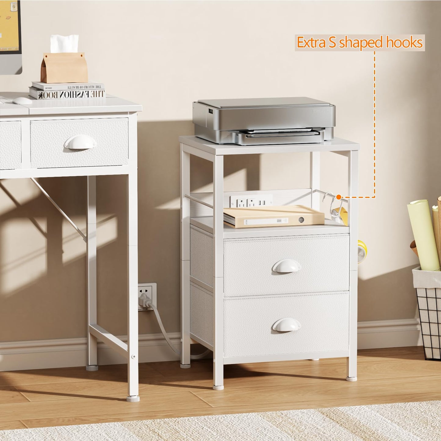 Furologee Nightstand with Charging Station, White