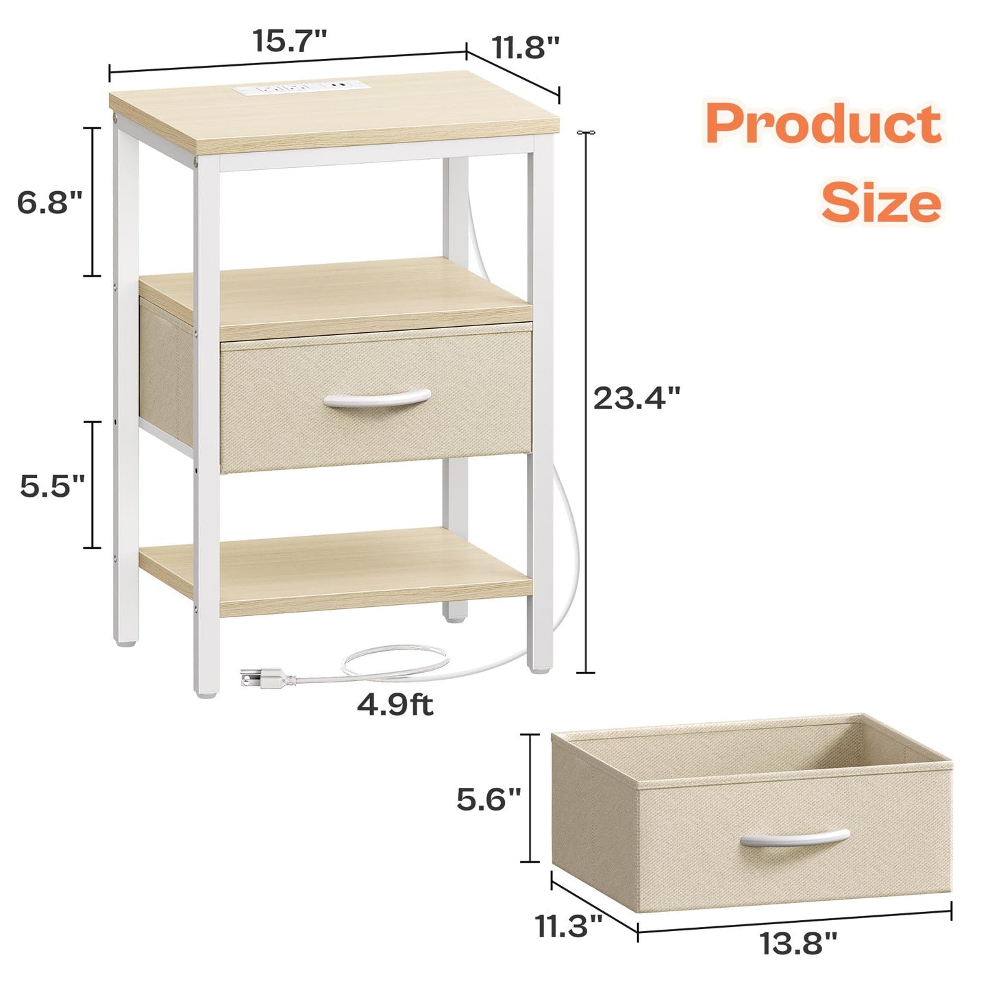 SUPERJARE Nightstand with Charging Station