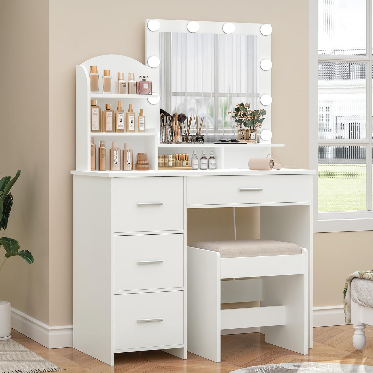 Quimoo Vanity Desk with Mirror & Lights, White