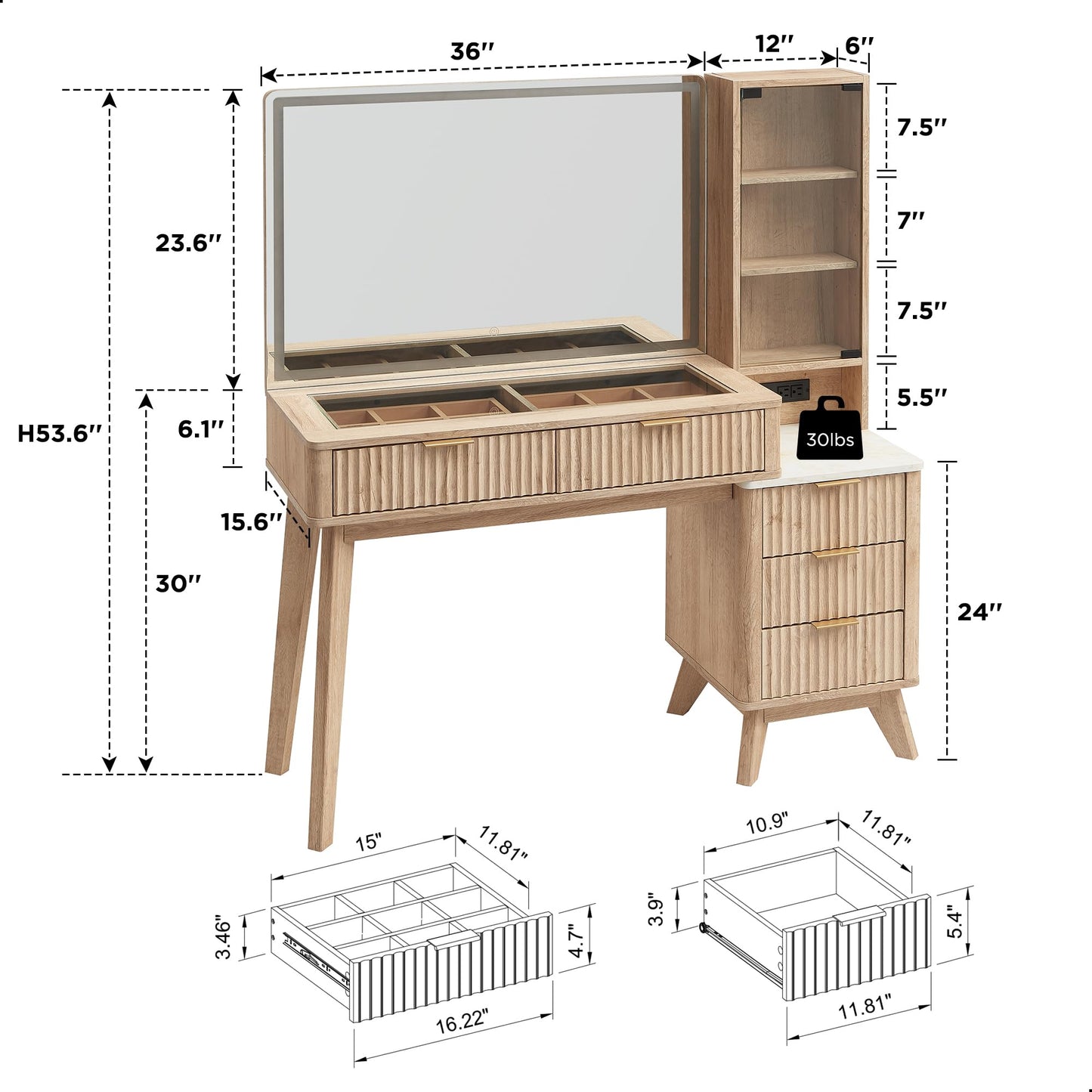 T4TREAM 48" Fluted Makeup Vanity Desk – Oak