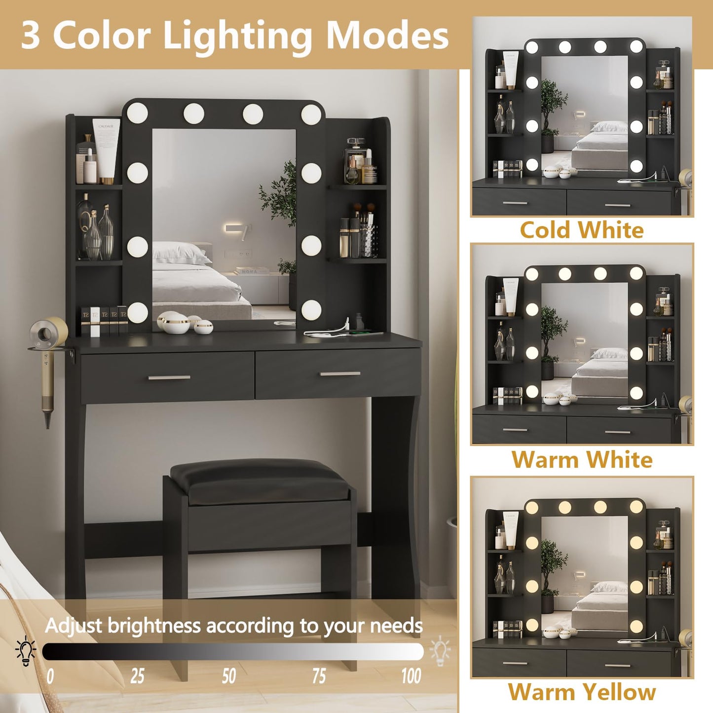 Vabches Vanity Desk with Lights, White