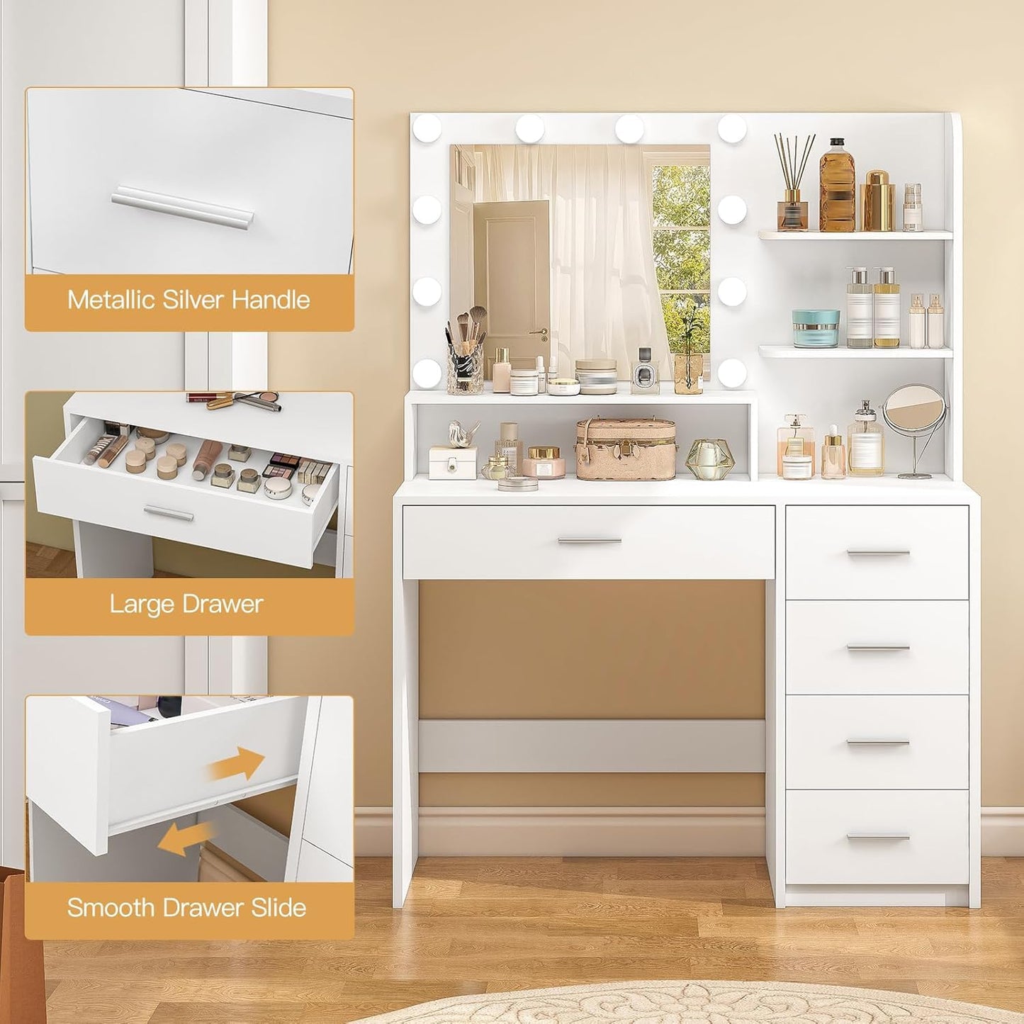 Quimoo Vanity Desk with Mirror & Lights, White