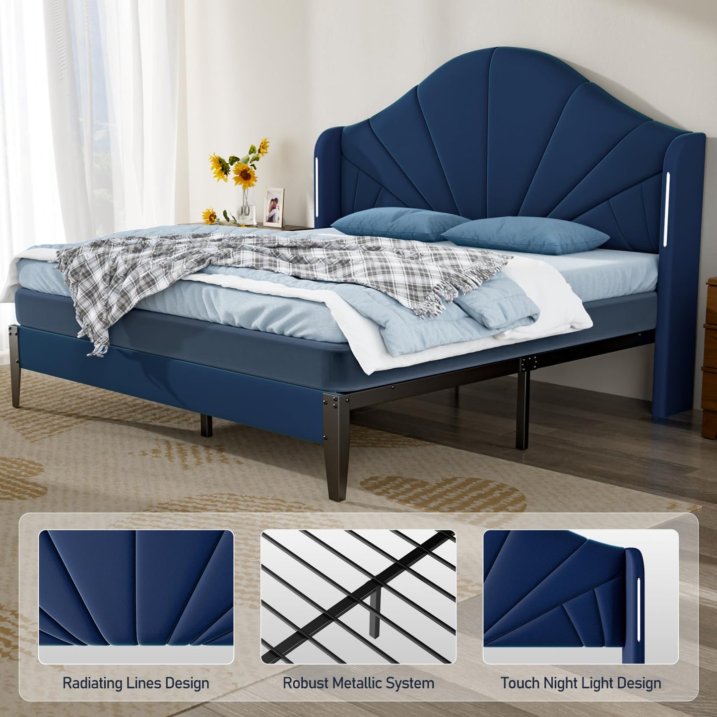 Queen Bed Frame with LED Headboard – Velvet Blue