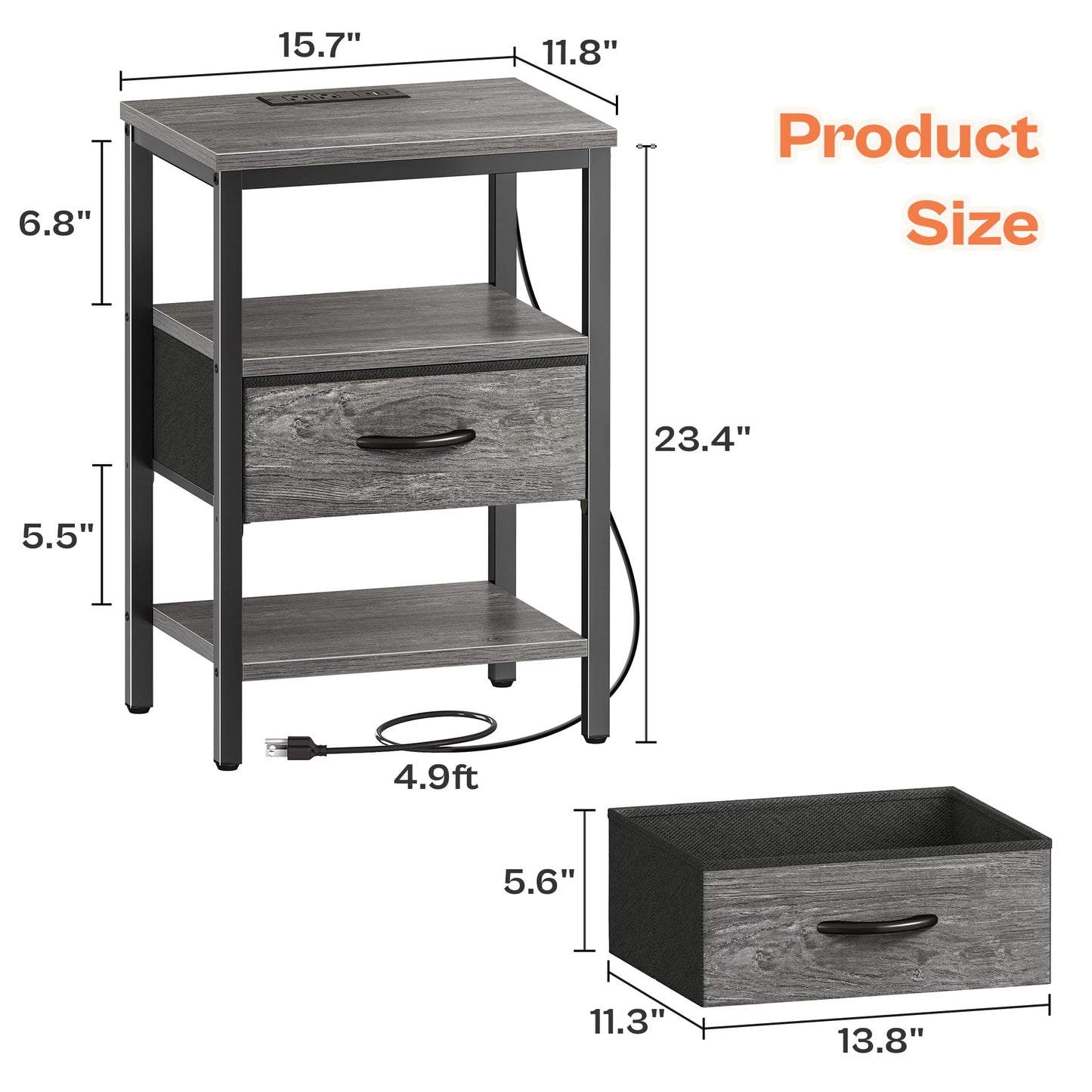 SUPERJARE Nightstand with Charging Station
