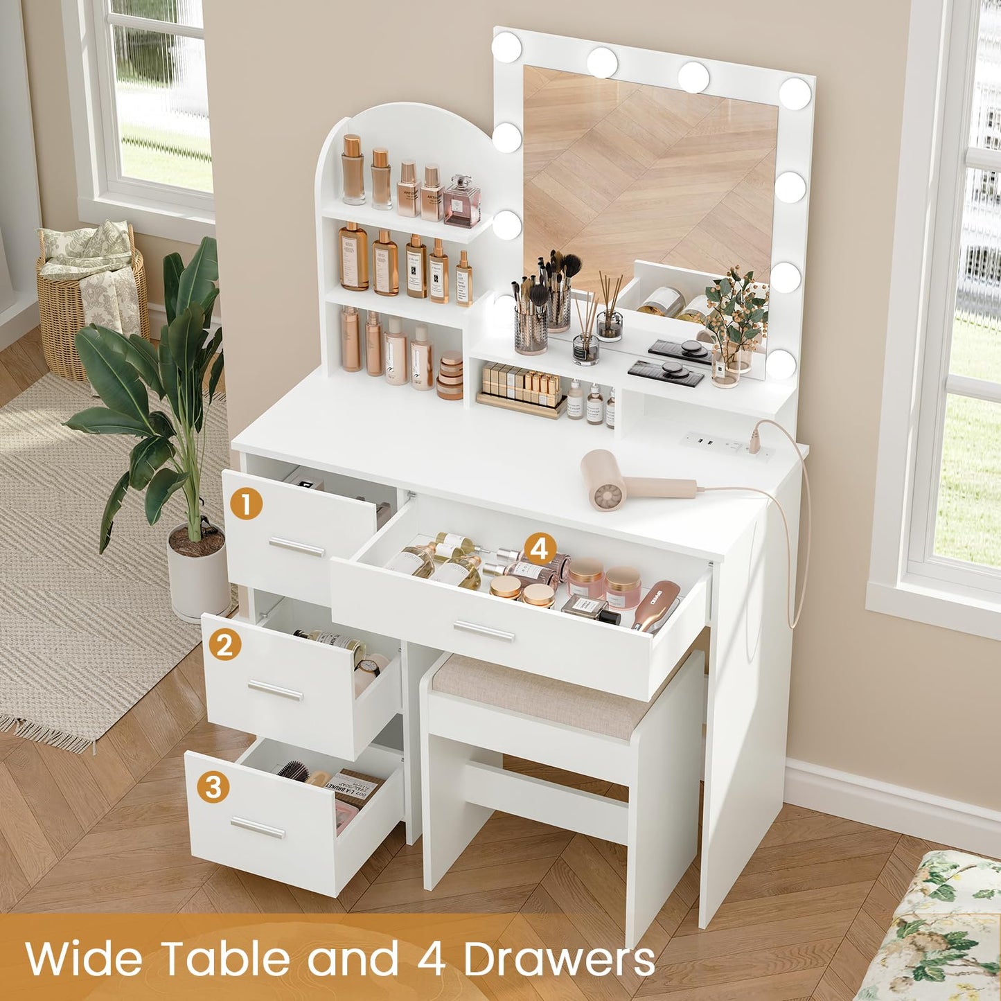 Quimoo Vanity Desk with Mirror & Lights, White