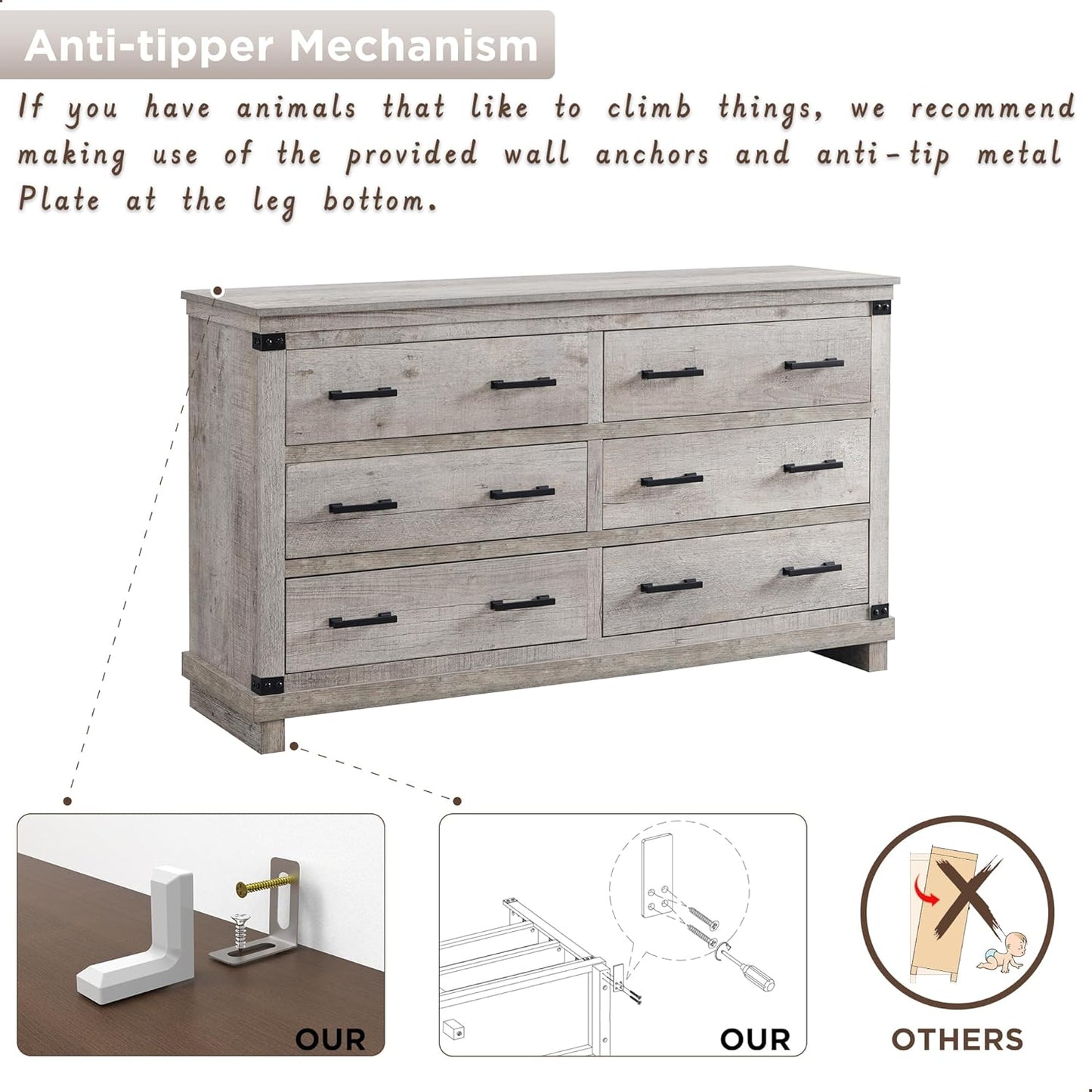 T4TREAM 6-Drawer Farmhouse Dresser 54"