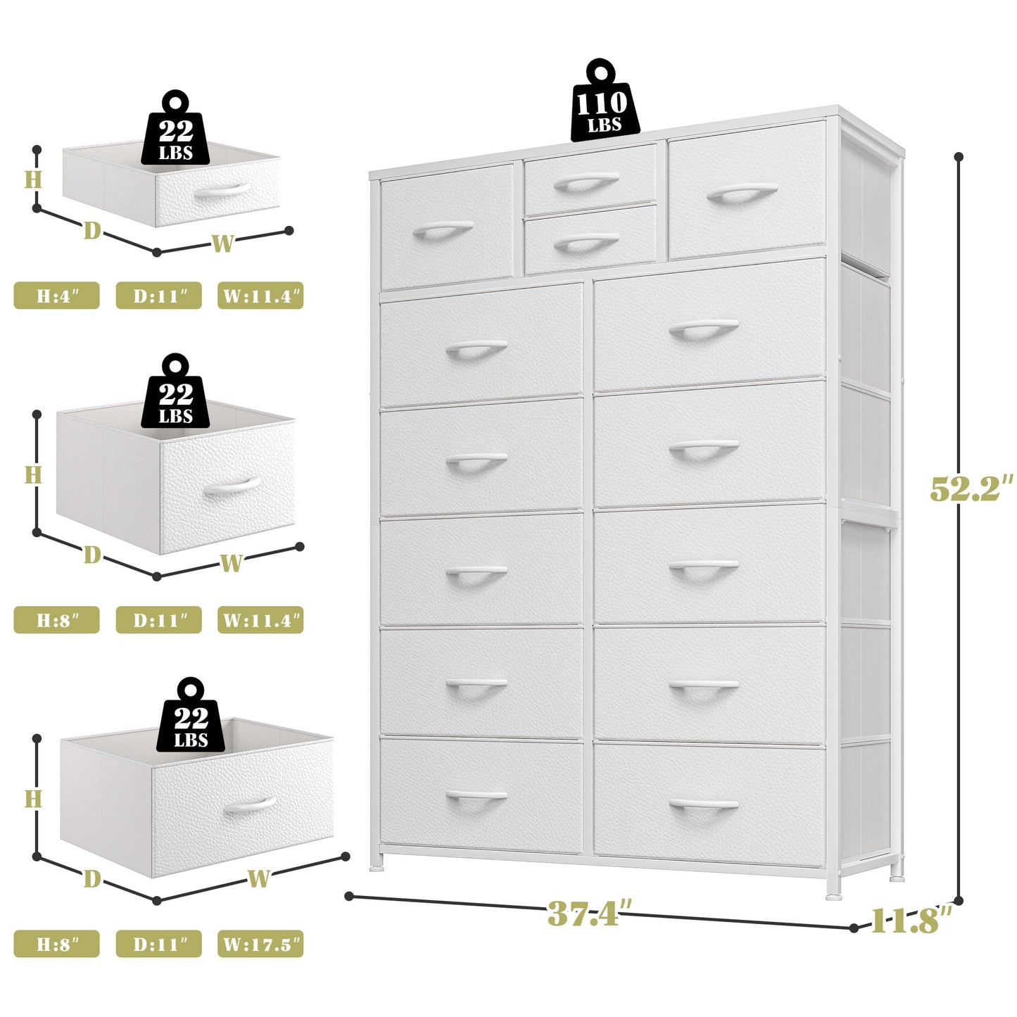 14-Drawer Fabric Dresser – Grey
