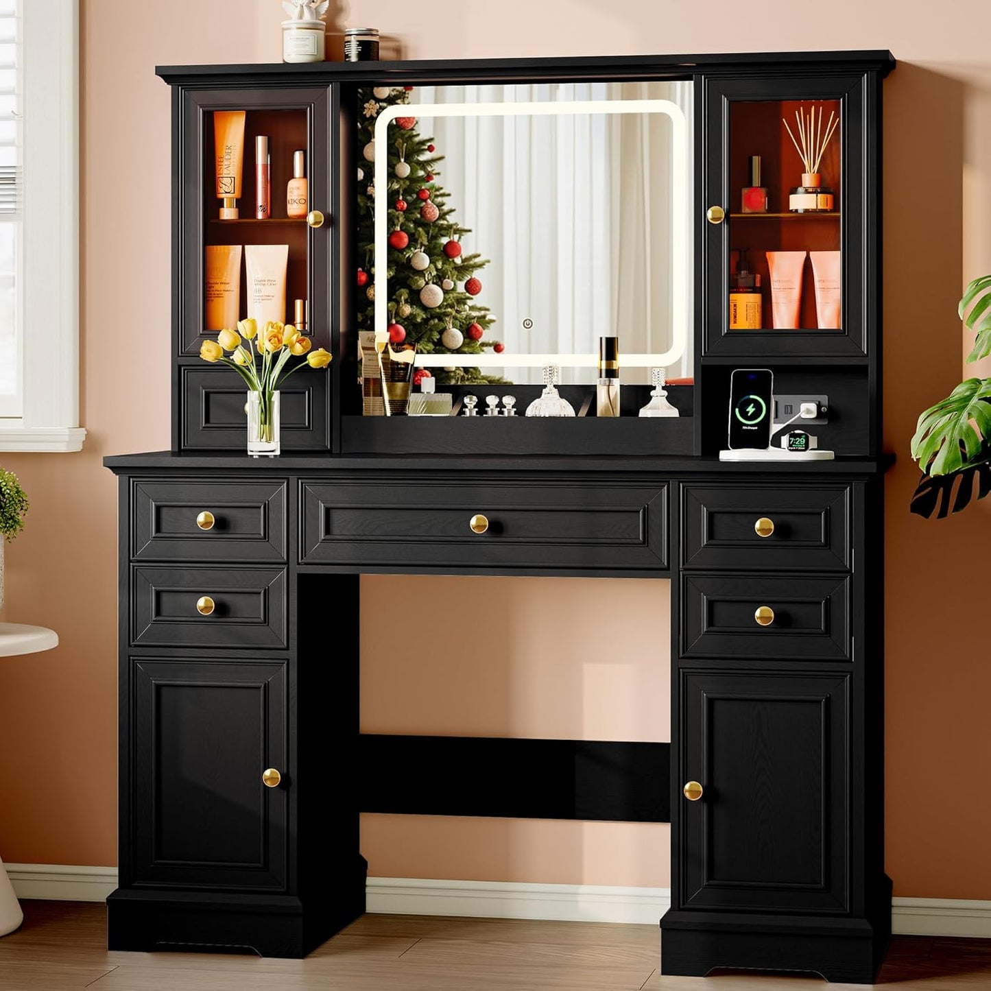 Farmhouse Vanity Desk with Lighted Mirror – Black