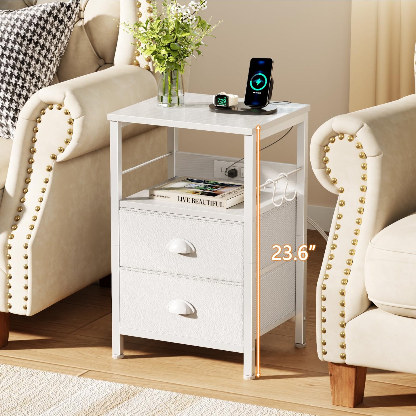 Furologee Nightstand with Charging Station, White