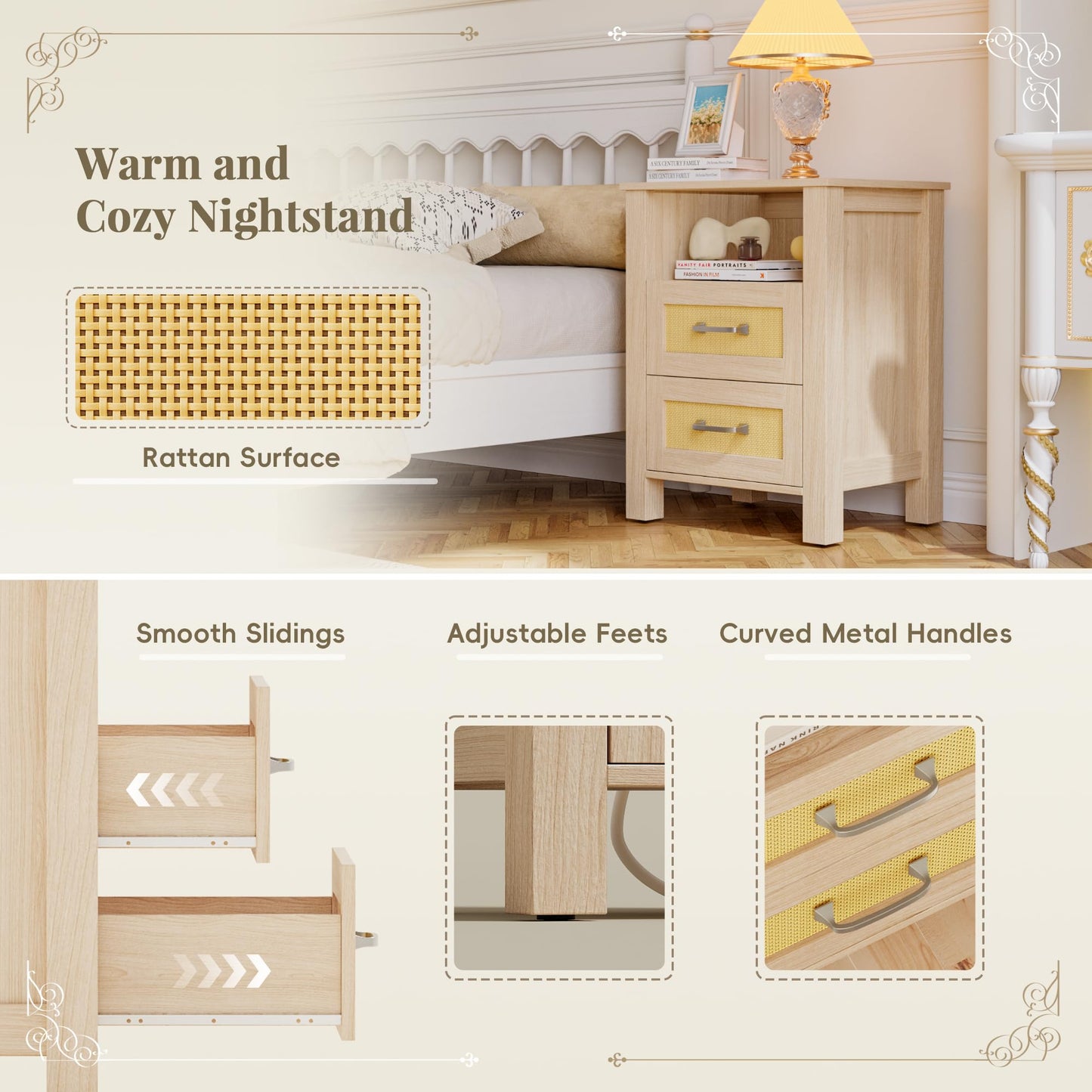 YESHOMY Rattan Nightstands – Set of 2, Natural