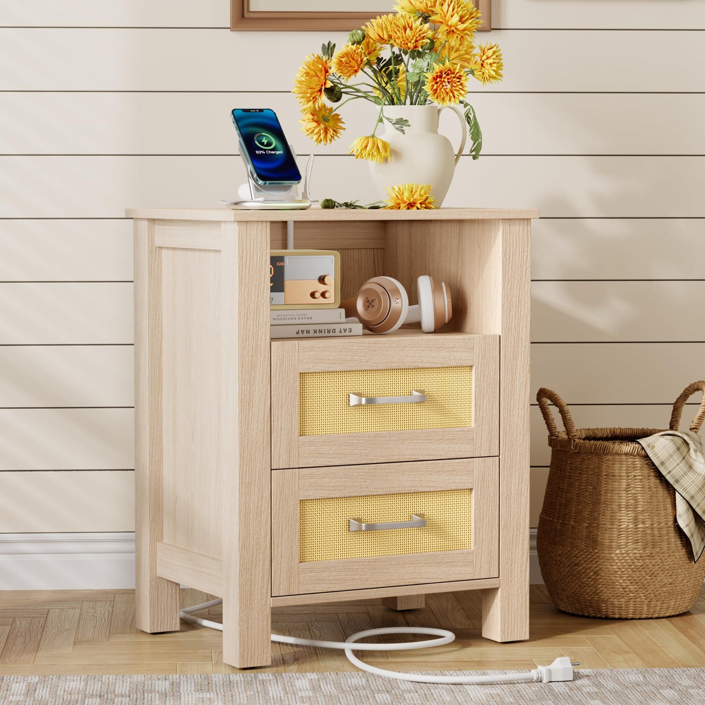 YESHOMY Rattan Nightstands – Set of 2, Natural