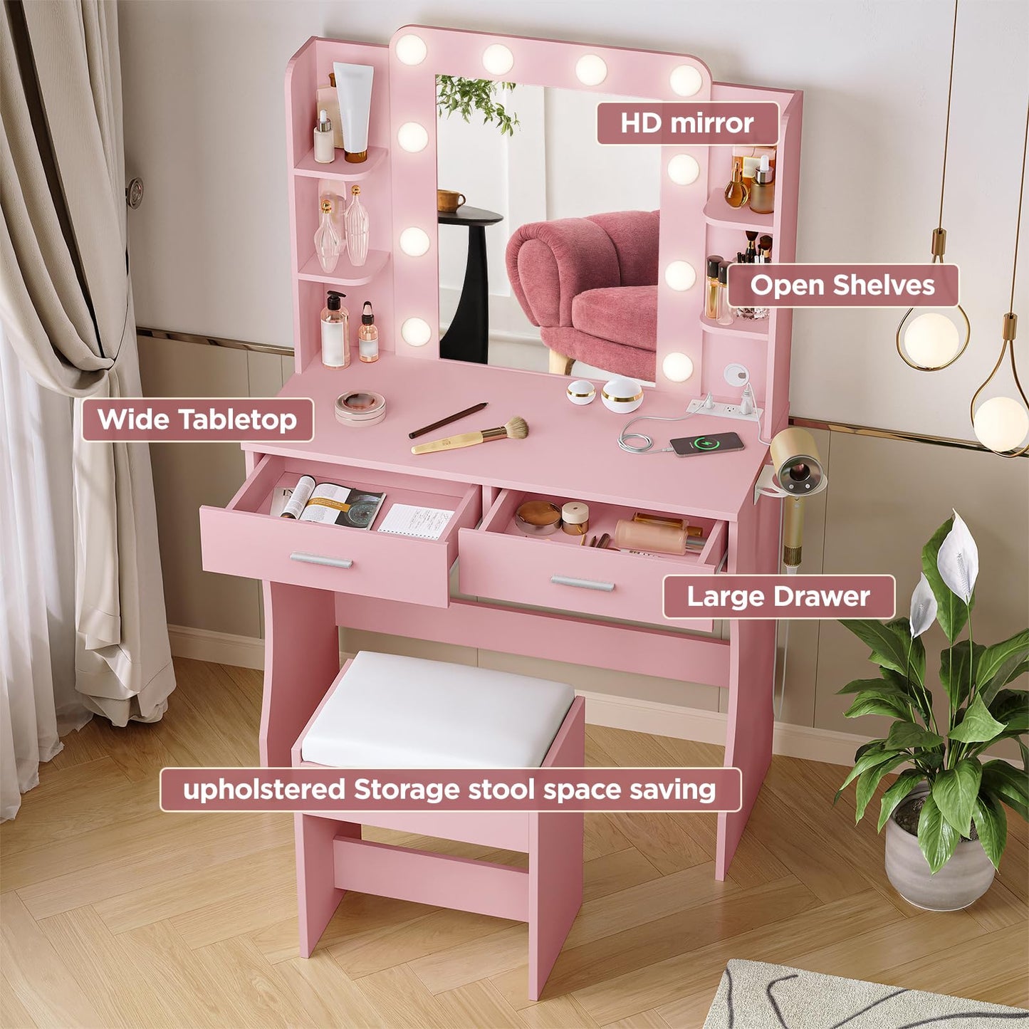 Vabches Vanity Desk with Lights, White