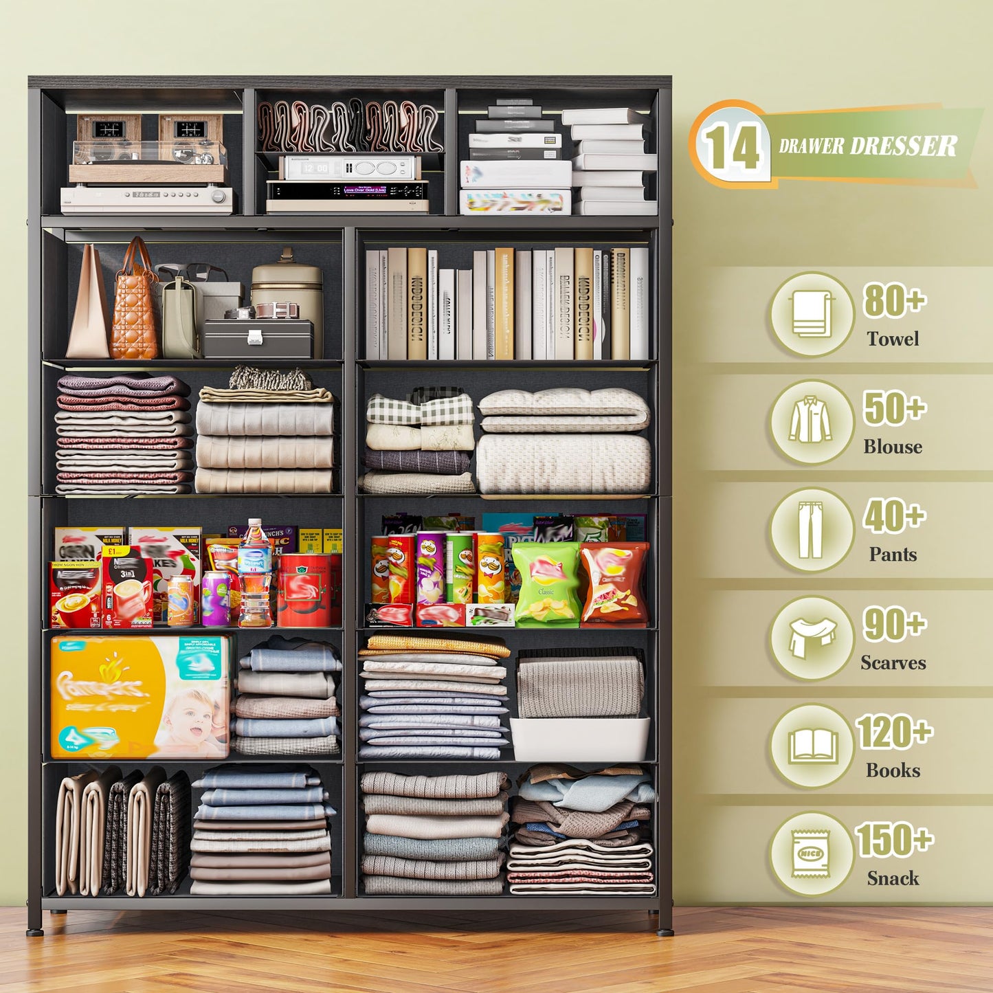14-Drawer Fabric Dresser – Grey