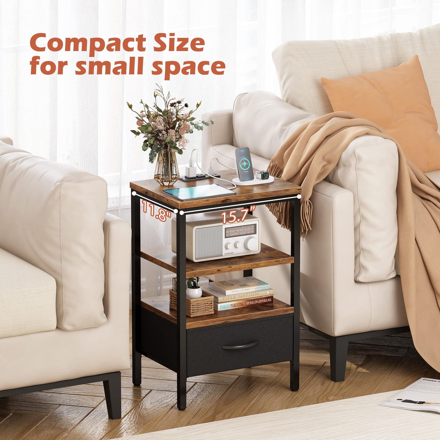 SUPERJARE Nightstand with Charging Station