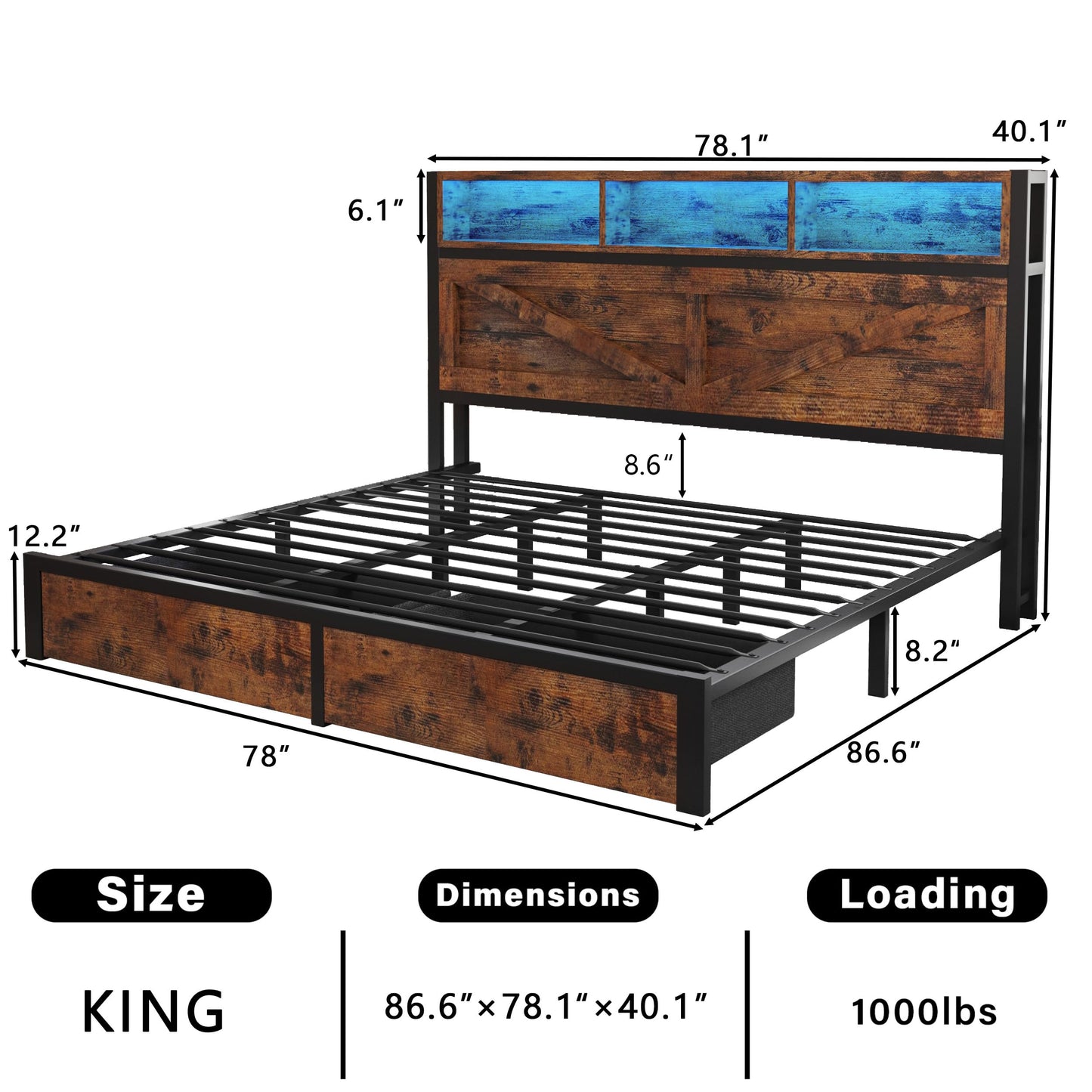 Farmhouse King Bed Frame with Headboard – Black