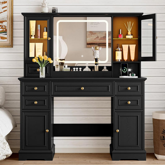 Farmhouse Vanity Desk with Lighted Mirror – Black