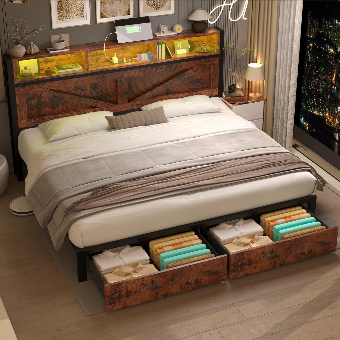 Farmhouse King Bed Frame with Headboard – Black
