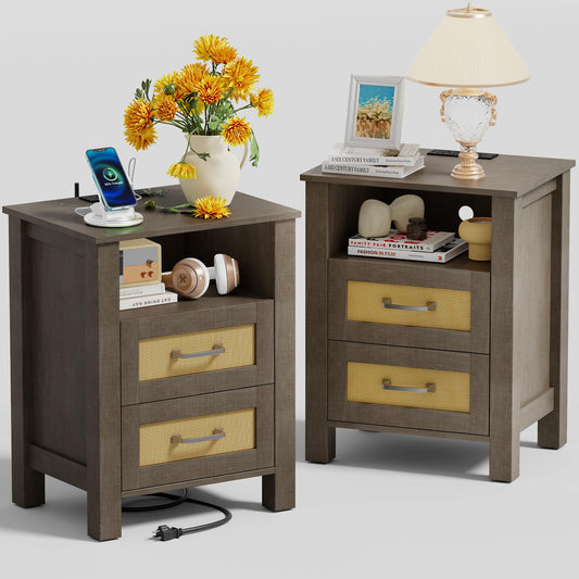 YESHOMY Rattan Nightstands – Set of 2, Natural