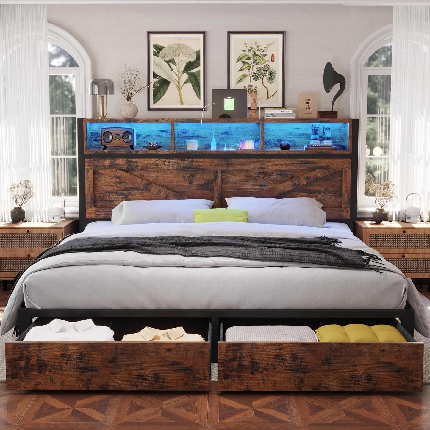 Farmhouse King Bed Frame with Headboard – Black