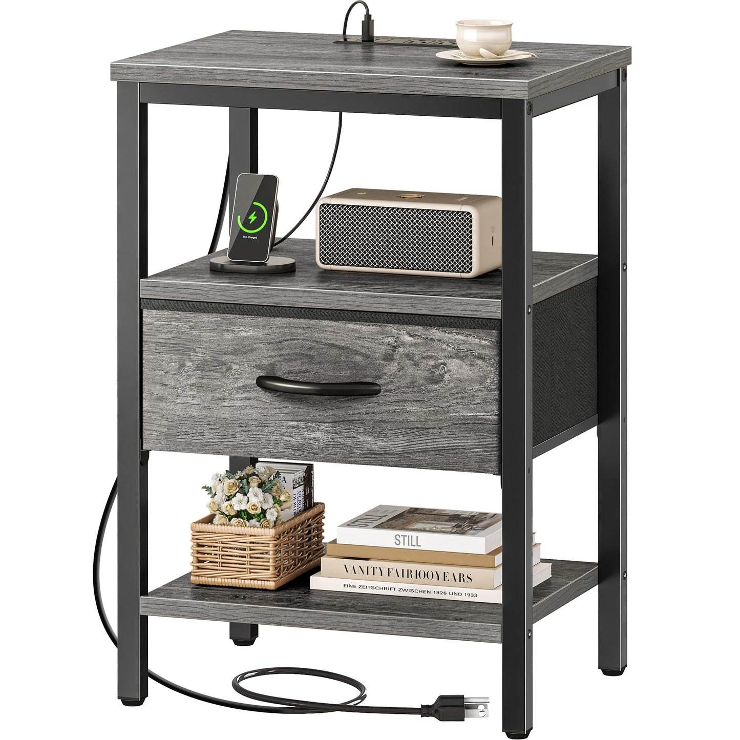 SUPERJARE Nightstand with Charging Station