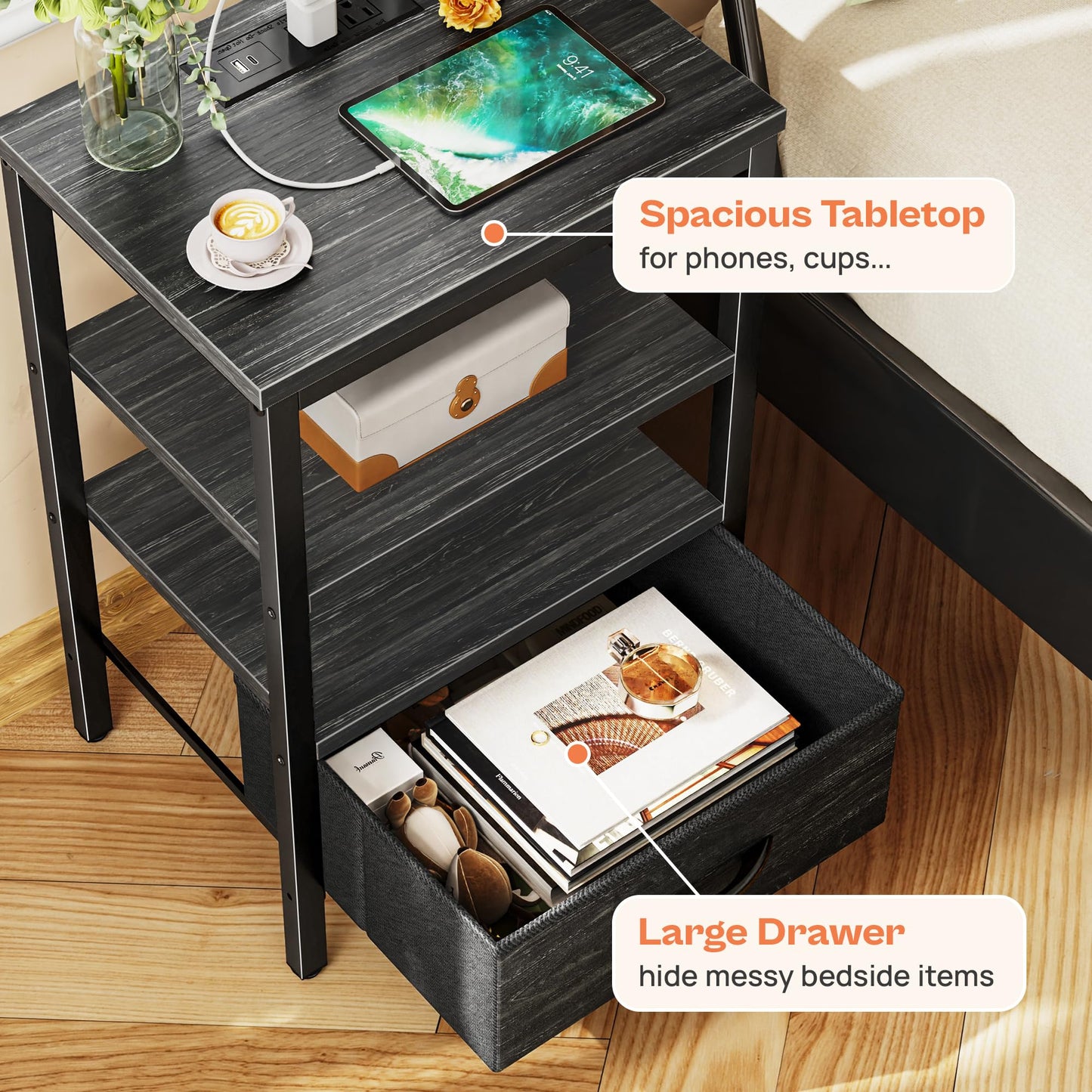 SUPERJARE Nightstand with Charging Station